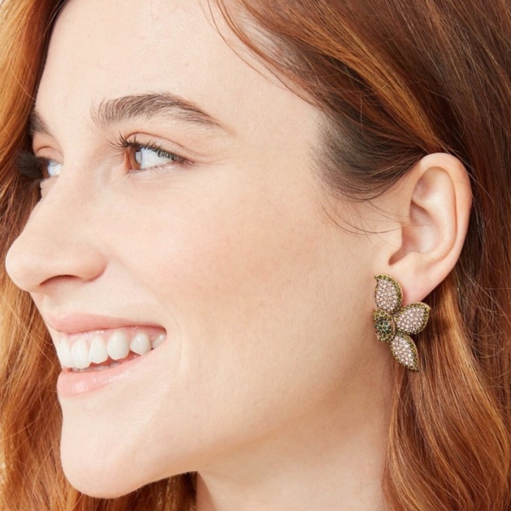 Stella & Dot | Pavé Rhinestone Peach + Green Petal Earrings Retired - Picture 3 of 7